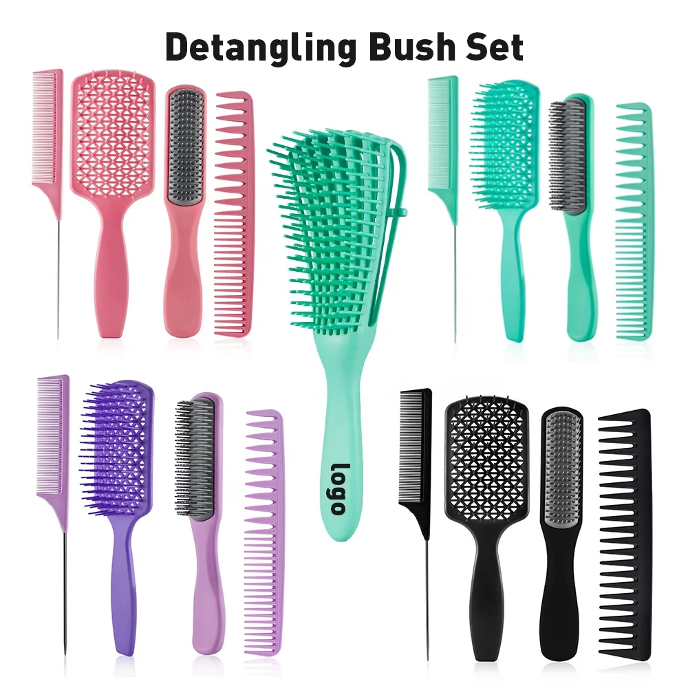

Customized Logo 4Pcs Household Detangling Brush Set Vent Shower Hair Extension Brush Set for Long Thick Thin Curly Natural Hair, Pink,mint green purple ,black
