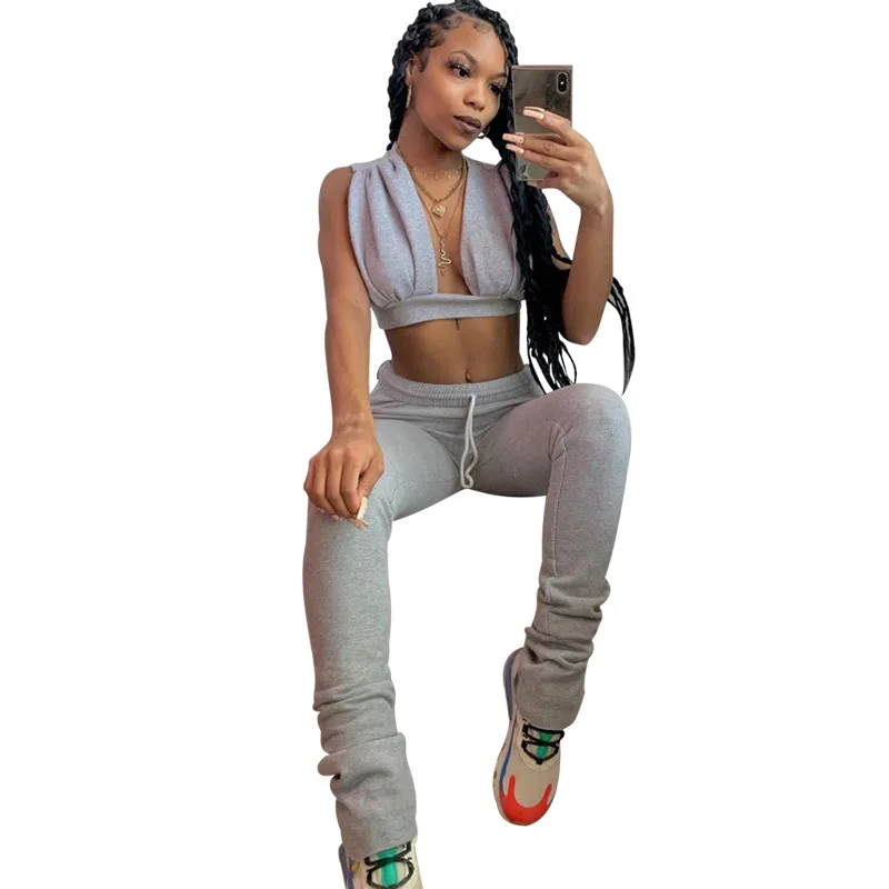 

Summer 2 Pieces Slim Style Gray Outwear Top Women Ladies Casual Tracksuits Sets