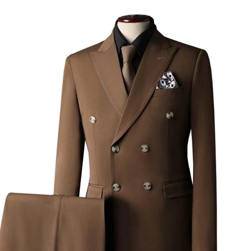 Men's Business Suit 2 Pieces Set Brown Beige British Style Double-breasted Elegant Polyester Formal Jacket Pants Men's Suit
