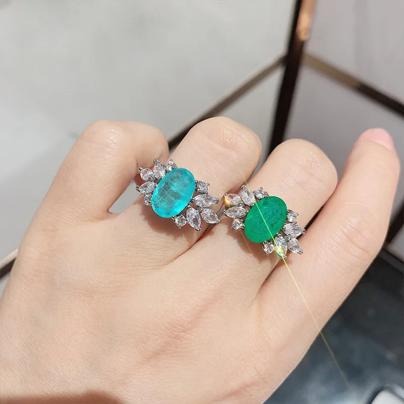 

Geometric Oval Blue Paraiba Tourmaline Eternity Rings Open Sparkling Emerald Cubic Cz Zirconia Ring Jewelry Women, As picture show