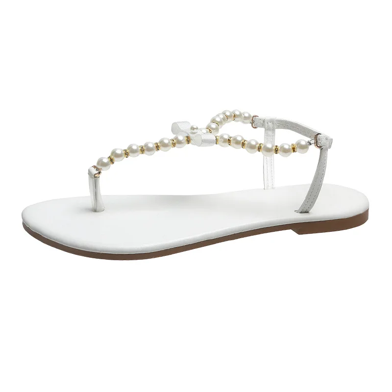 

2022 Summer bohemian sandals large size women's flat pearl beach shoes ladies flip flop sandals