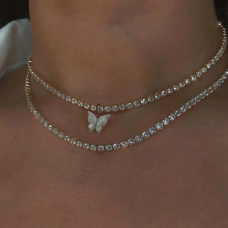 

Trendy CZ Resin Butterfly Tennis Chain Necklaces Colorful Crystal Rhinestone Acrylic Butterfly Necklaces For Women