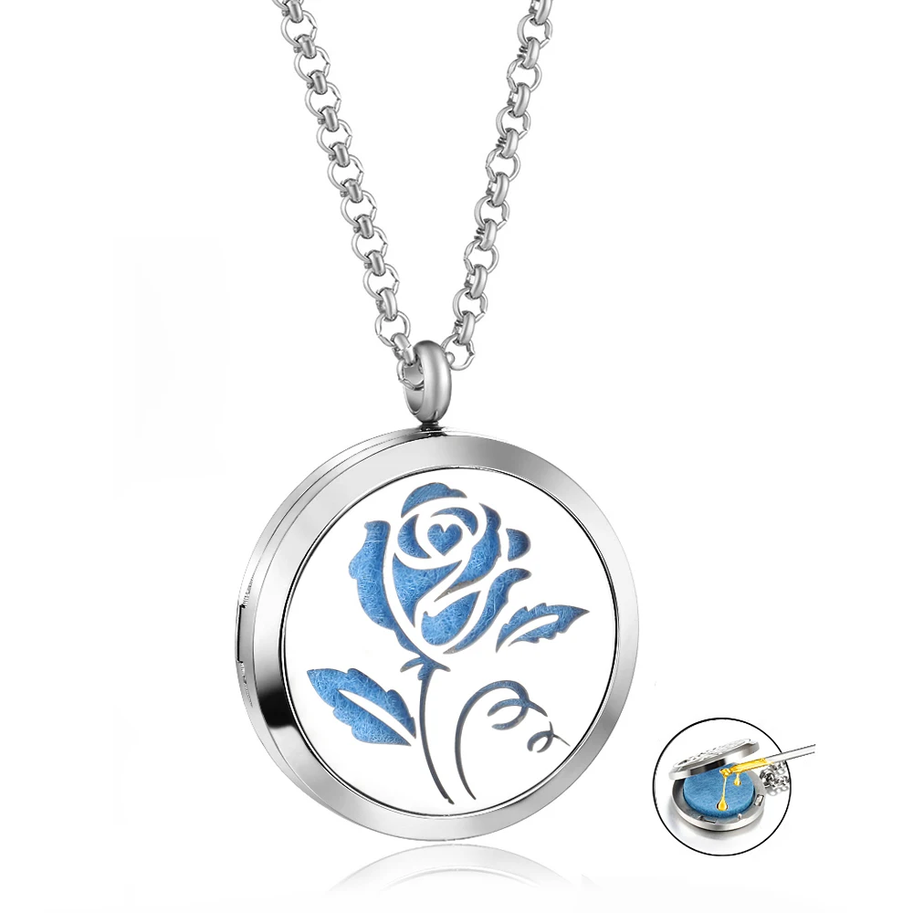 

Stainless steel rose carved hollow cotton sheet aromatherapy diffuse fragrance perfume oil necklace pendant male and female coup