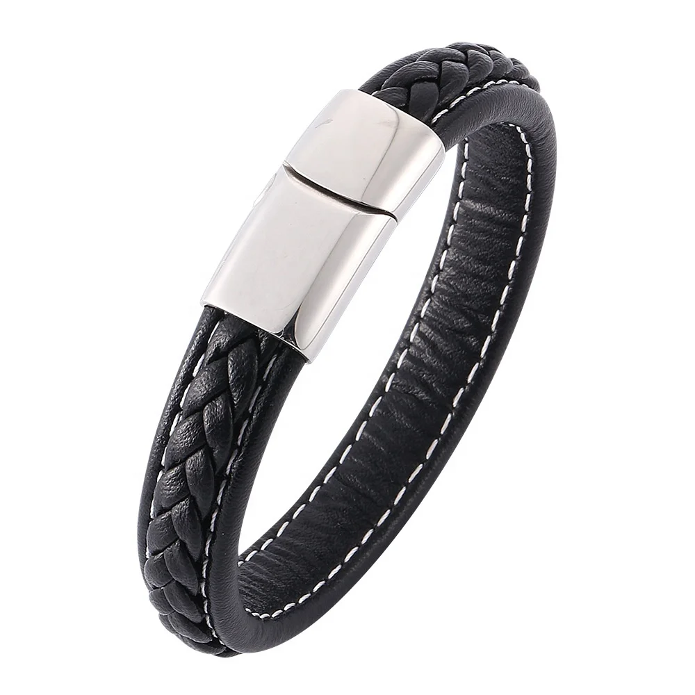 

BRJSF00001D 12MM Wide Punk Mens Heavy Genuine Leather Seam Braided Bracelets Bangle Magnetic Buckle: Black+Silver