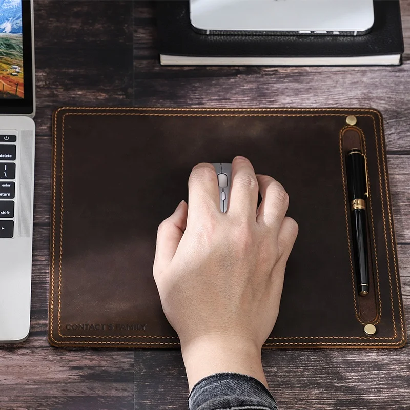 

Crazy horse square leather mouse pad office mouse pad with pen slot holder