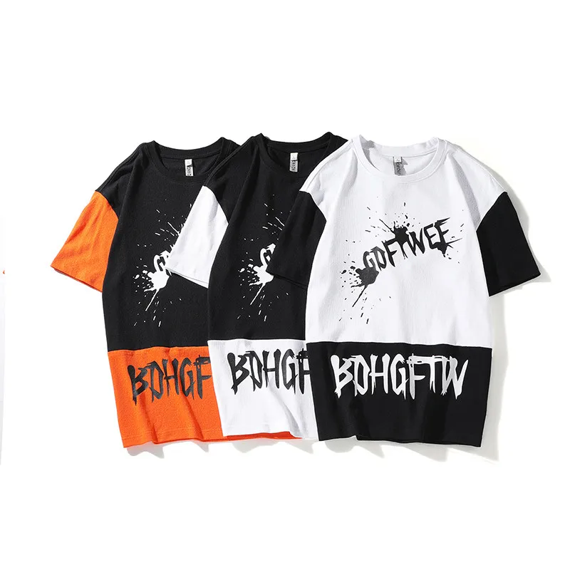 

Hit Color Patchwork T-Shirt Letter Tshirt Printing Crewneck Trend Tshirts For Men, Black,orange,white
