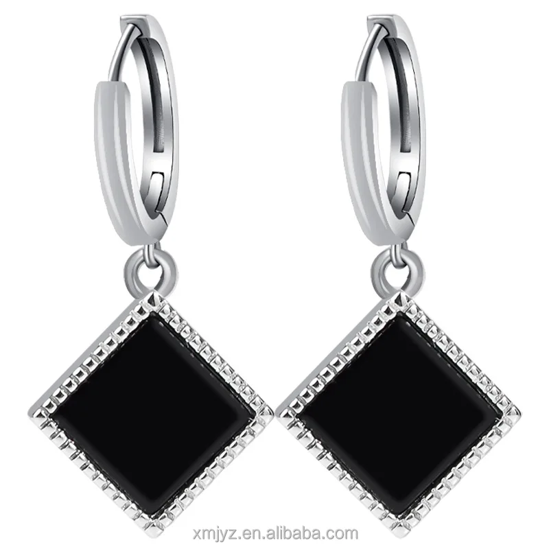 

Certified Grade A S925 Silver Inlay Natural Black Jadeite Dark Jade Square Earrings Women's Fashion High-End