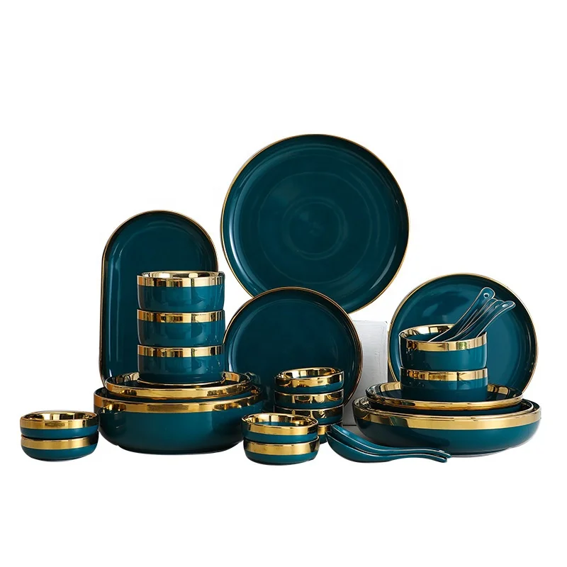 

Nordic Luxury Customized Porcelain Dinner Sets Hotel Supplies Dinner Sets Gold Inlay Dinnerware Sets, As pictures