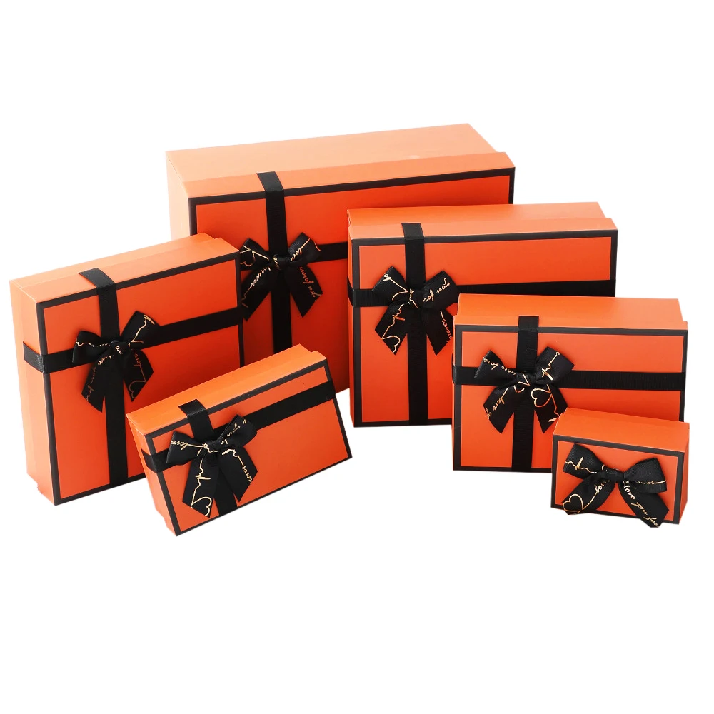 Orange Cardboard Gift Box Flowers Bouquets Bow Ribbon Custom Logo UV Printing Embossing Advantage Cardboard Gift Packaging Box