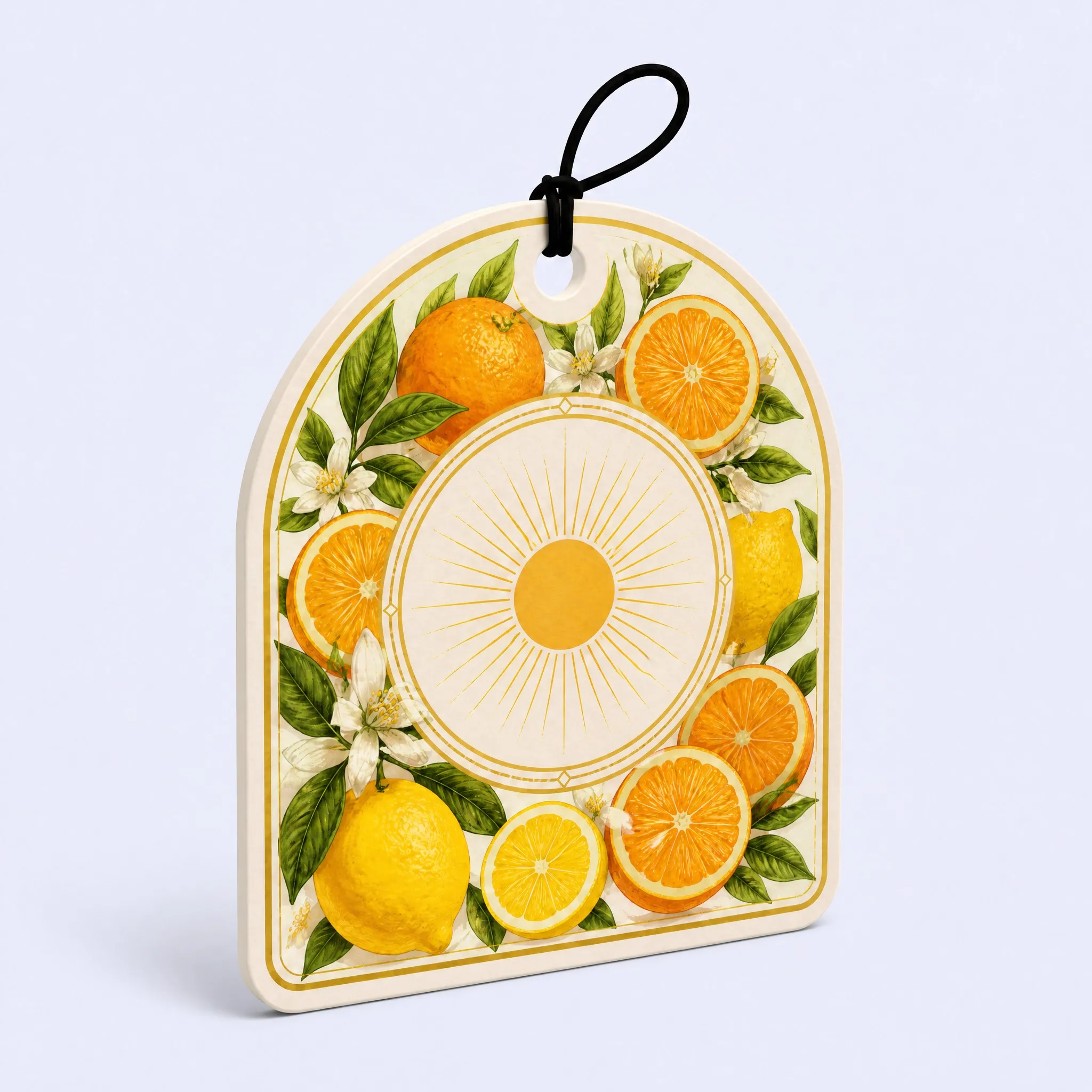 45-Degree Standing View of Arched Mediterranean Citrus Car Air Freshener Card