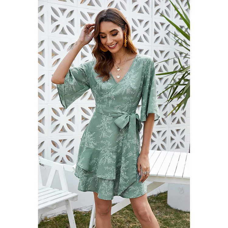 

Ladies one piece summer flare sleeve ruffled casual mini dresses women v-neck half sleeve printed short dress with belt, Customized