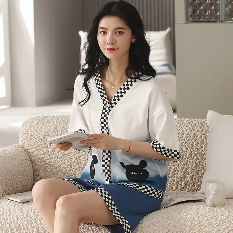 

Pajama set women's summer fashion cotton short-sleeved shorts cardigan cool breathable loose home clothes two-piece set