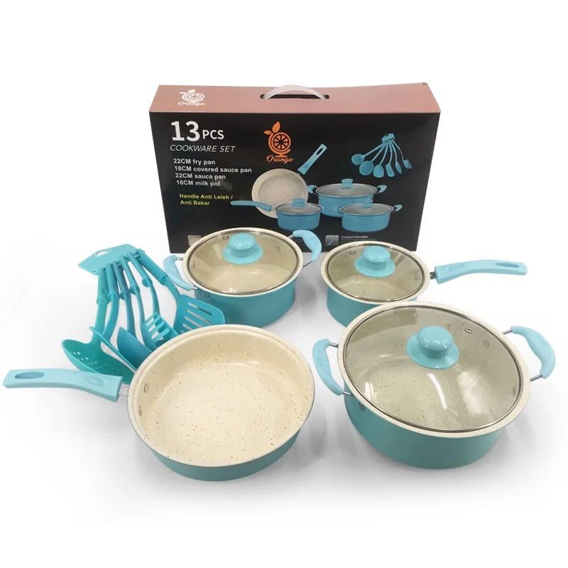 

Wholesale Household Sky Blue Flat-Bottomed Non-stick 13pcs Carbon Steel Cookware Set