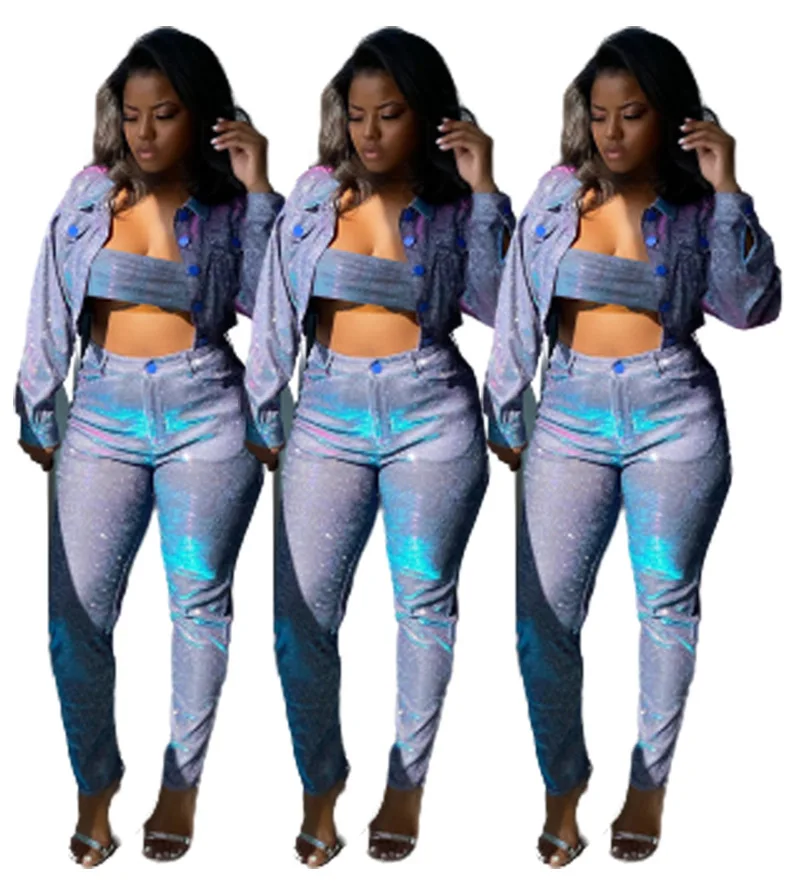 

New product ideas 2021 winter autumn fall spring women jogging suit bling sets 3 piece set women