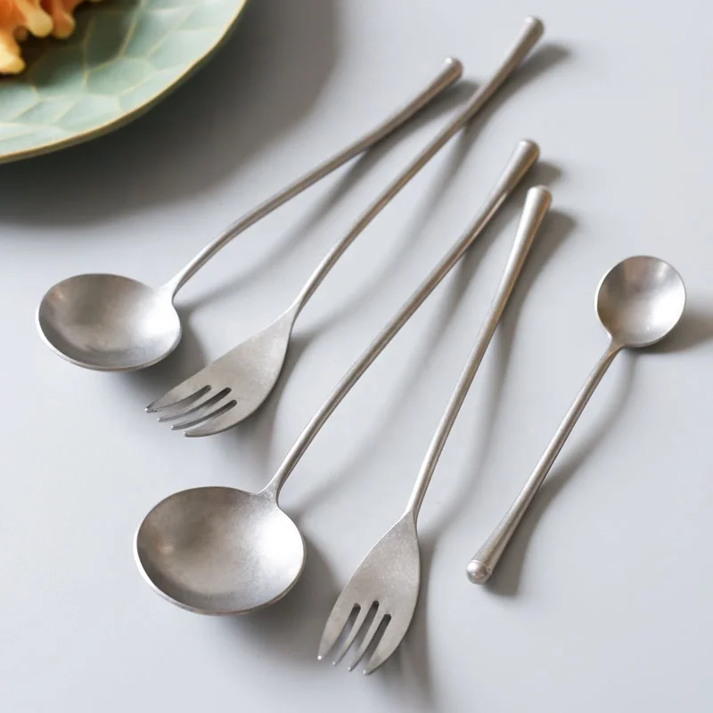 

Retro Distressed 304 Stainless Steel Western Cutlery Set Silver Fork Spoon Restaurant Tableware