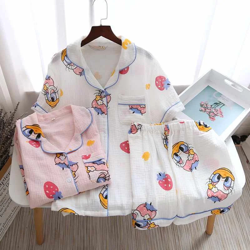 

New summer cotton gauze female short sleeve shorts female sleepwear suit cartoon home service suit sleepwear women, Required