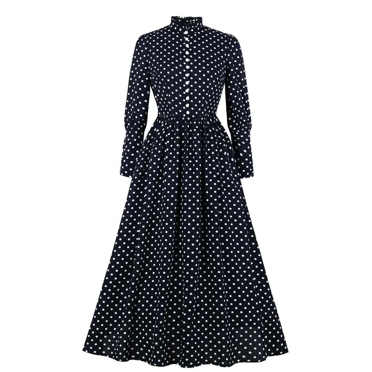 Amazon hot sales 2083 long sleeve polka dots long maxi shirt vintage dress women