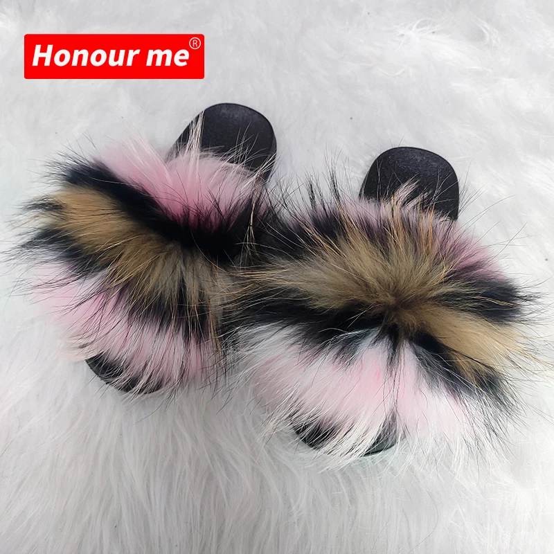 

New Enlarge custom slides Real fluffy Slippers of Women Fashion soft real fox furry slides sandles for ladies 2021, Rainbow green