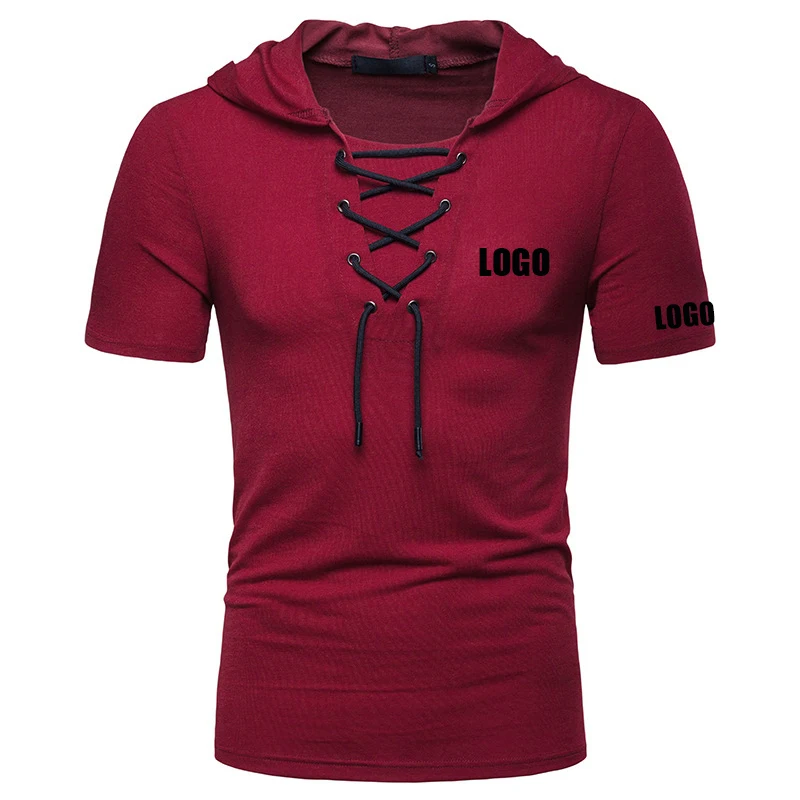 

Free Shipping Mens Slim Fit Short Sleeve Shirts Hooded Muscle Tops Hoodie pure color Casual lace-up Basic T-shirt, Customized color