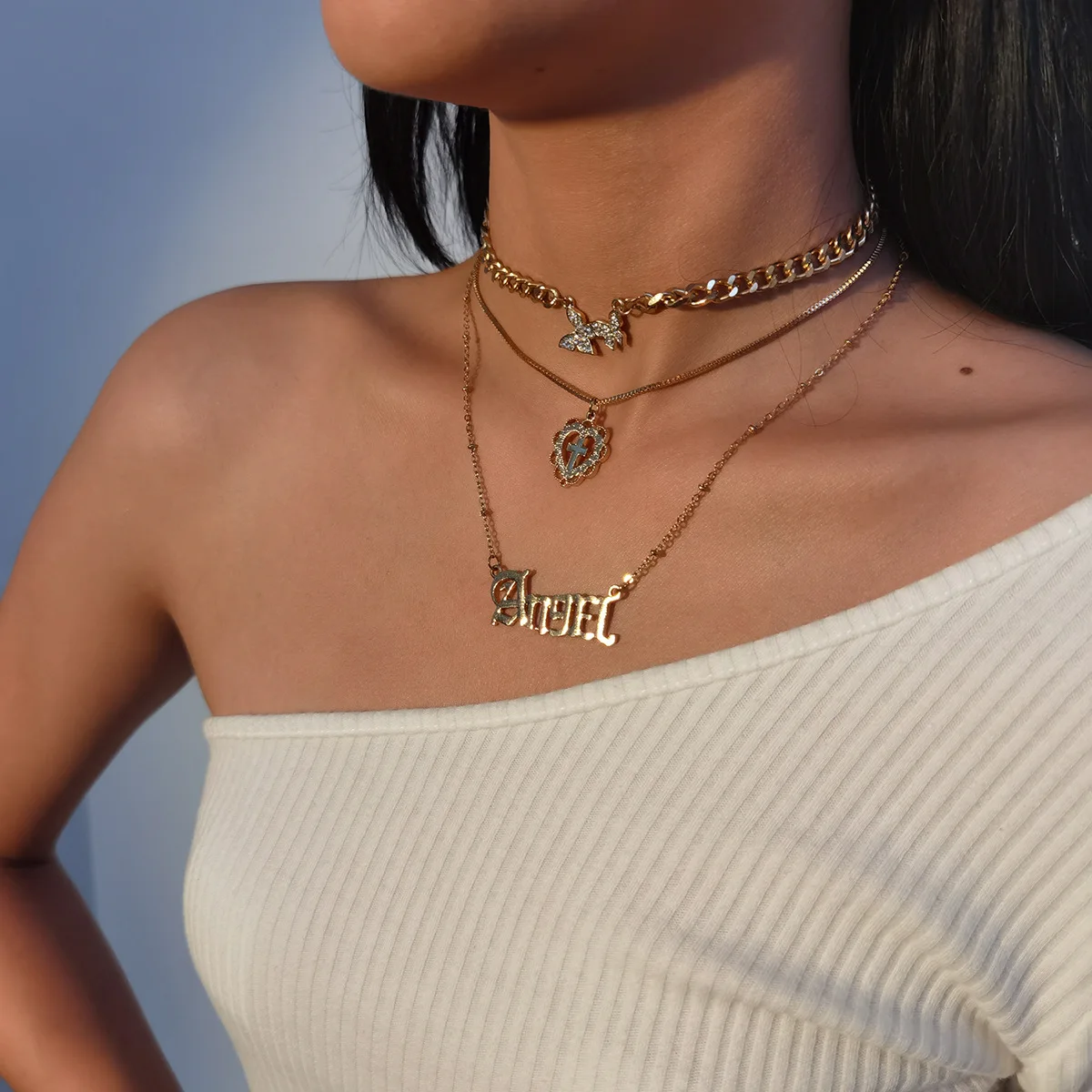 

Exaggerate Silver Gold Plated Multilayer CZ Rhinestone Crystal Butterfly Choker Necklace Cross ANGEL Letter Pendant Necklace, Picture color