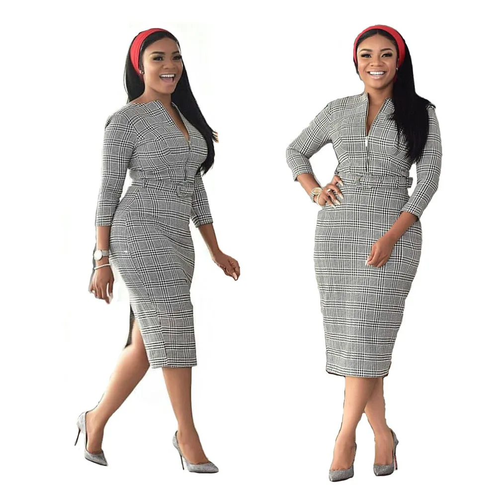 

African high quality plus size zipper women career dresses with belt adult age group elegant check office lady dress