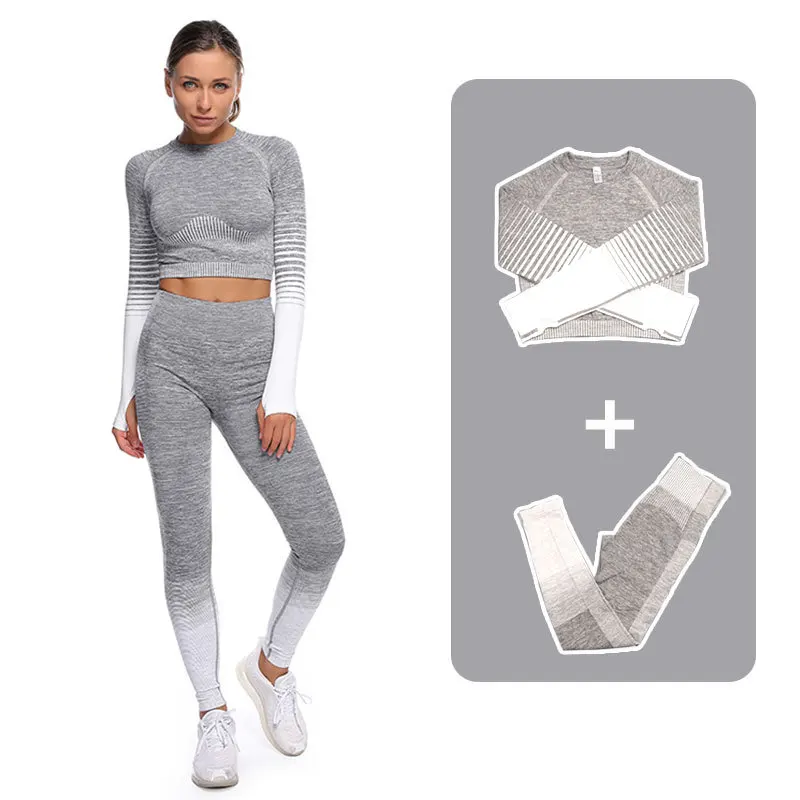 

Manufacturer Womens Seamless Activewear High Waist Gradient Sports Bra And Legging Set Long Sleeves Crop Top Two Piece Yoga Wear, As above