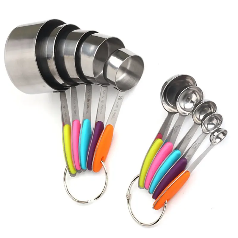 

10 piece set silicone handle stainless steel kitchen baking measuring cups and spoons, Colorful