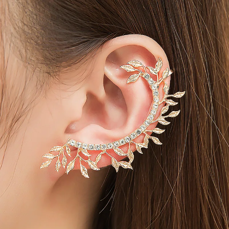 

Crystal Branch Leaves Ear Hangings for Women No Pierced Leaf Ear Clip Jewelry Gold Silver Color Rhinestone Earings Friend Gift