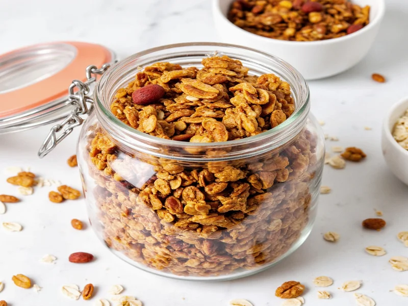Homemade granola in glass jar with oats and nuts
