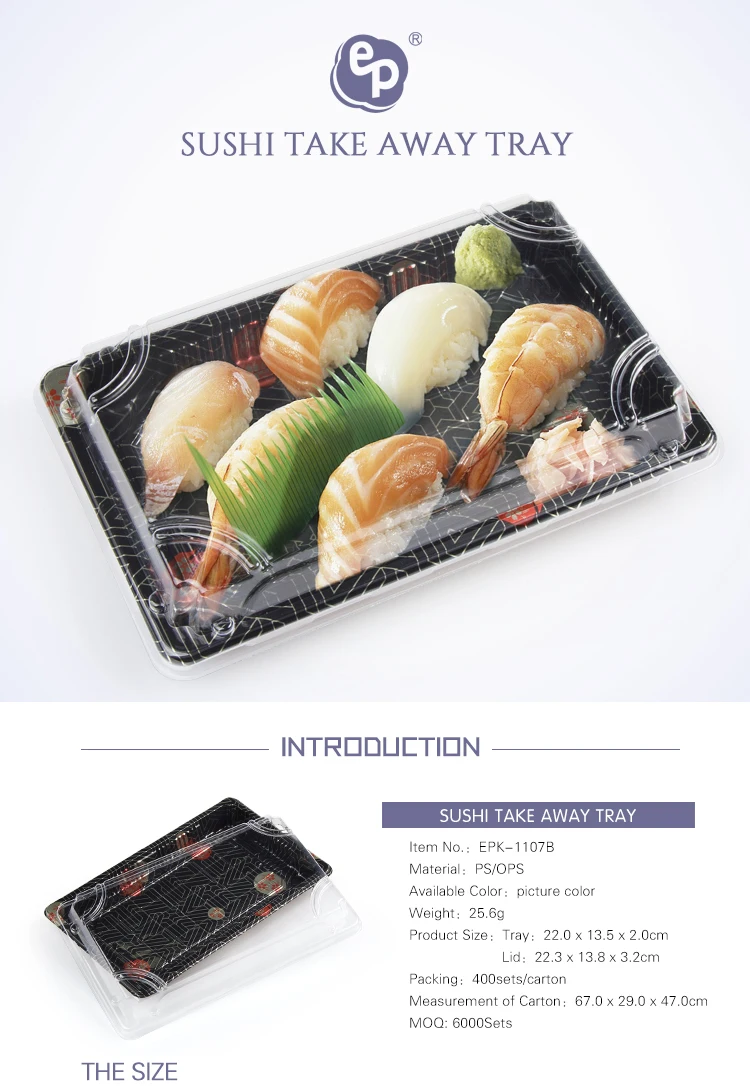 Best selling one time ps plastic square plate sushi tray with lid