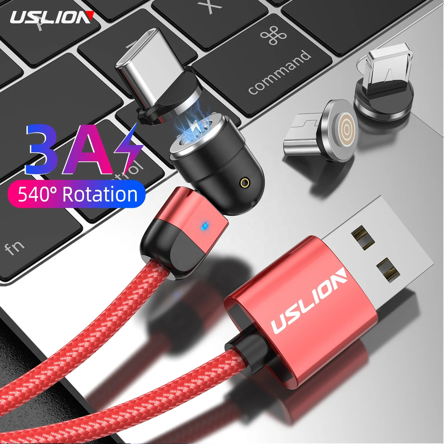 

USLION Amazon Top Seller 2022 L-Shape 180 Bending 540 degree rotation magnetic charging cable 3 in 1 Magnetic USB Cable FOR iQOO, Black red purple silver