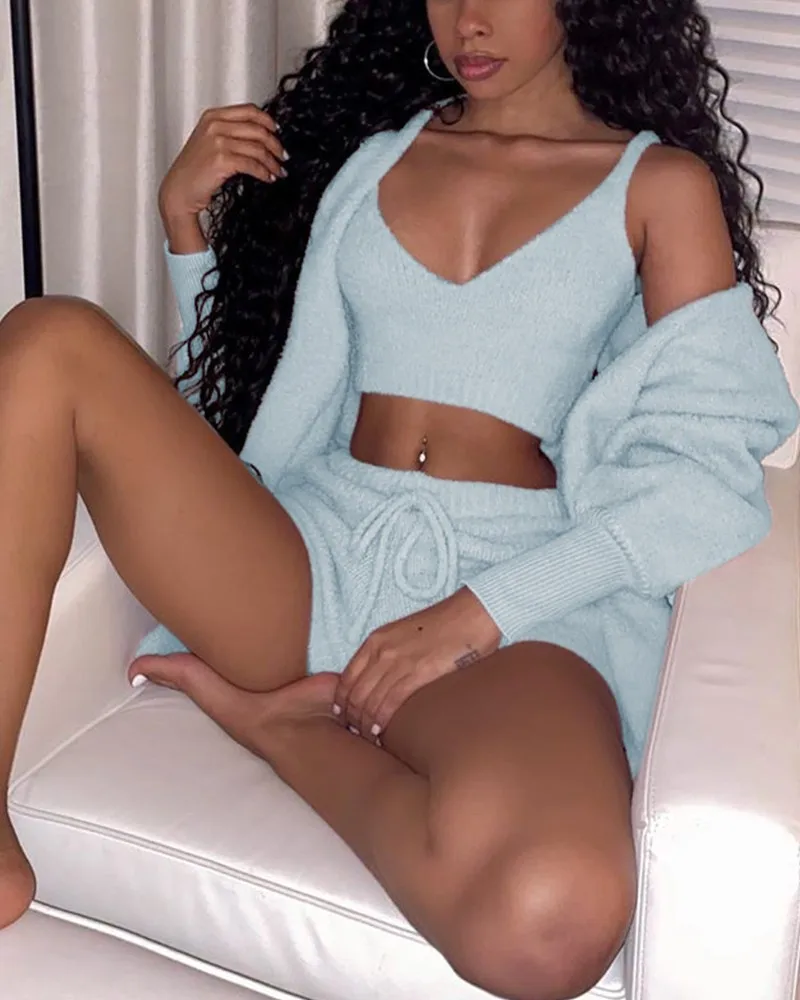 

Wholesale Plush Womens Pajama Female 3 Piece Casual Pajama Sets Sleepwear Lingerie Suit