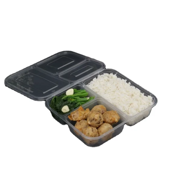 Free eco-friendly  microwave safe black 3 compartment takeaway plastic food container with clear lid