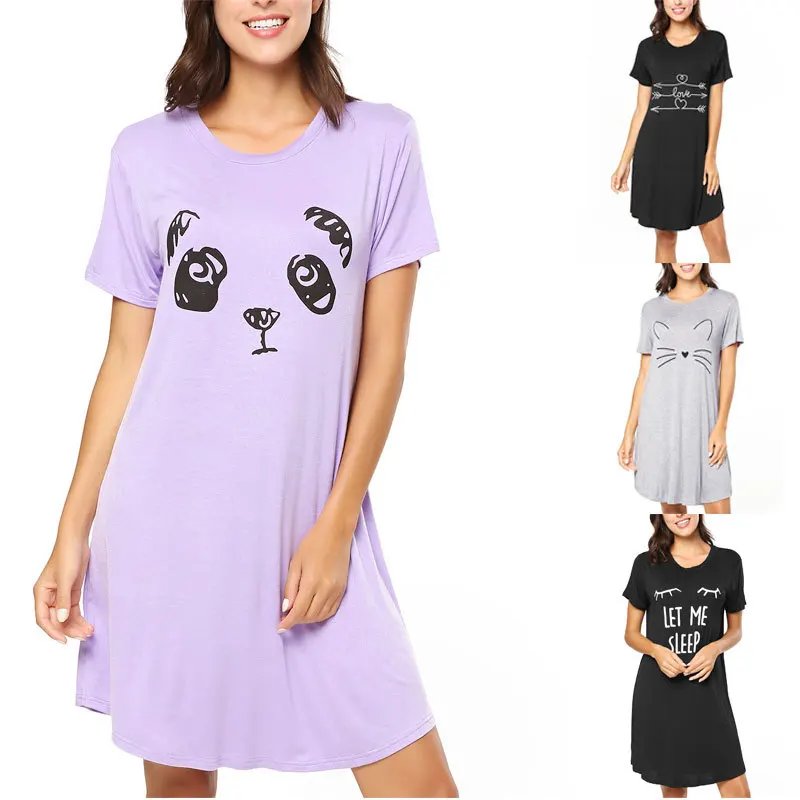 

Top selling products 2021 dress women Fashion Short Sleeve Casual Cartoon Print Comfy Nightgown Sleep Dress, Shown