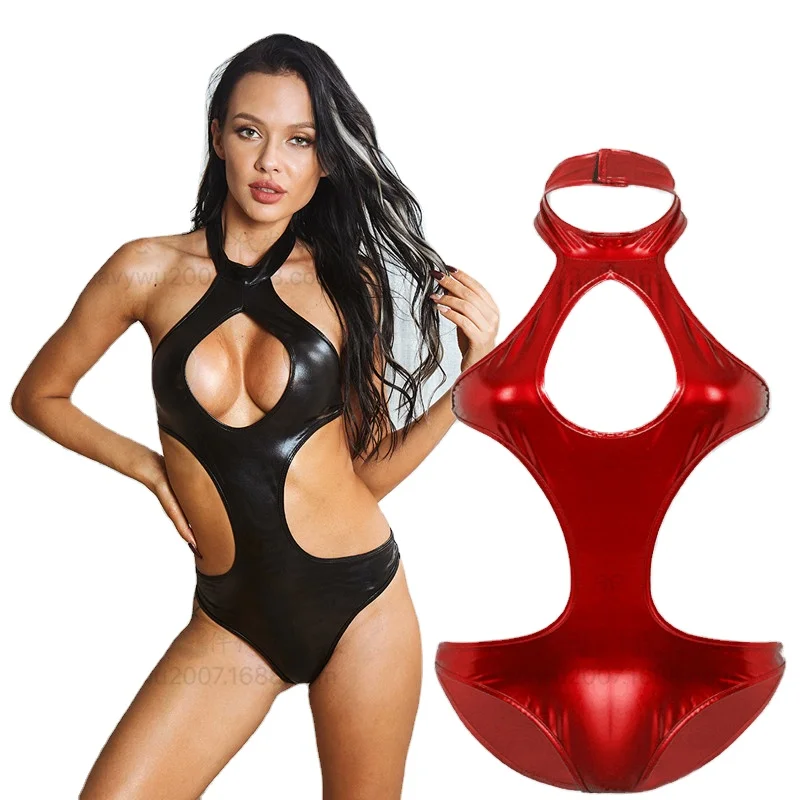 

2021 summer ladies leather one-piece sexy tights cosplay women lingerie women, Red, black
