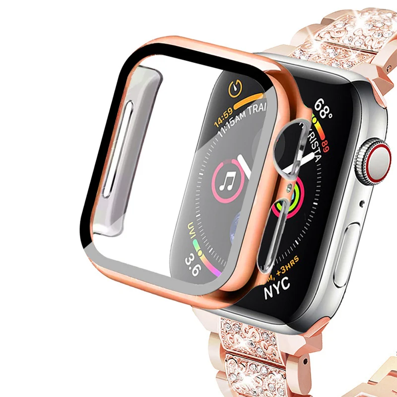 

Black PC Case Sport Cover Full Screen Protector Tempered Glass for Apple Smart Watch Case Series 5 6 38mm 40mm 42mm 44mm, As picture