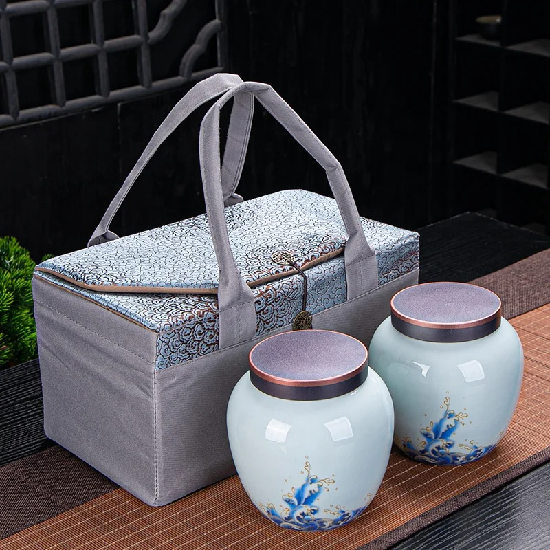 

Celadon tea pot ceramic tea tin double pot package Chinese style sealed canister with cloth wrapped bag, Full decal
