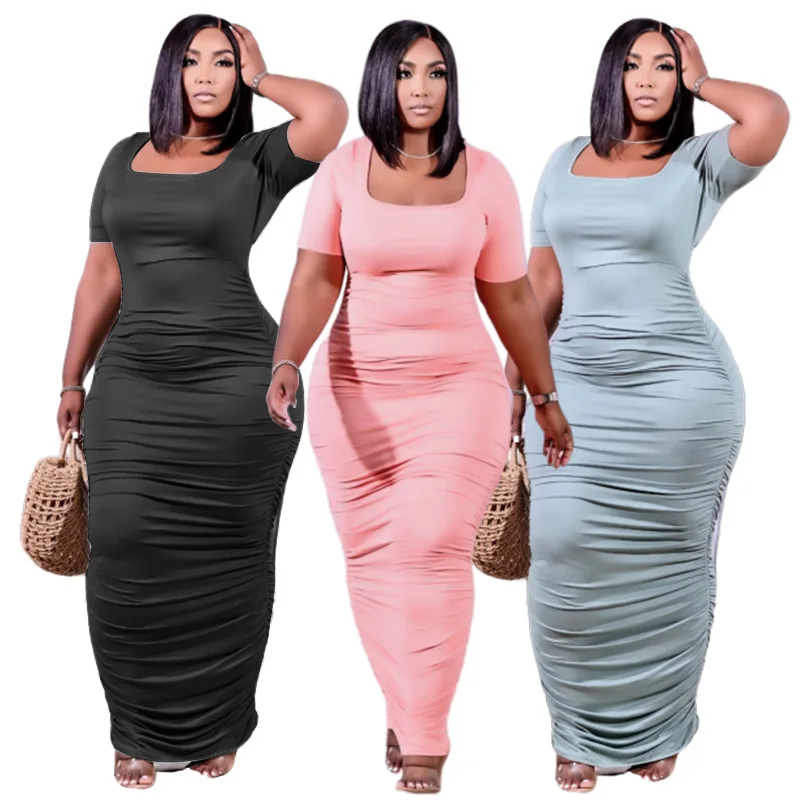 

SQ-90078 Fat Women Sexy Dress Plus Size Women'S Solid Color Long Pleated Dresses Plus Size Dress Fall