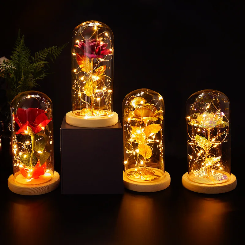 

Factory wholesale LED lights Gold Foil Rose glass dome Valentine's Day decoration gift 24K gold foil rose decorative lamp