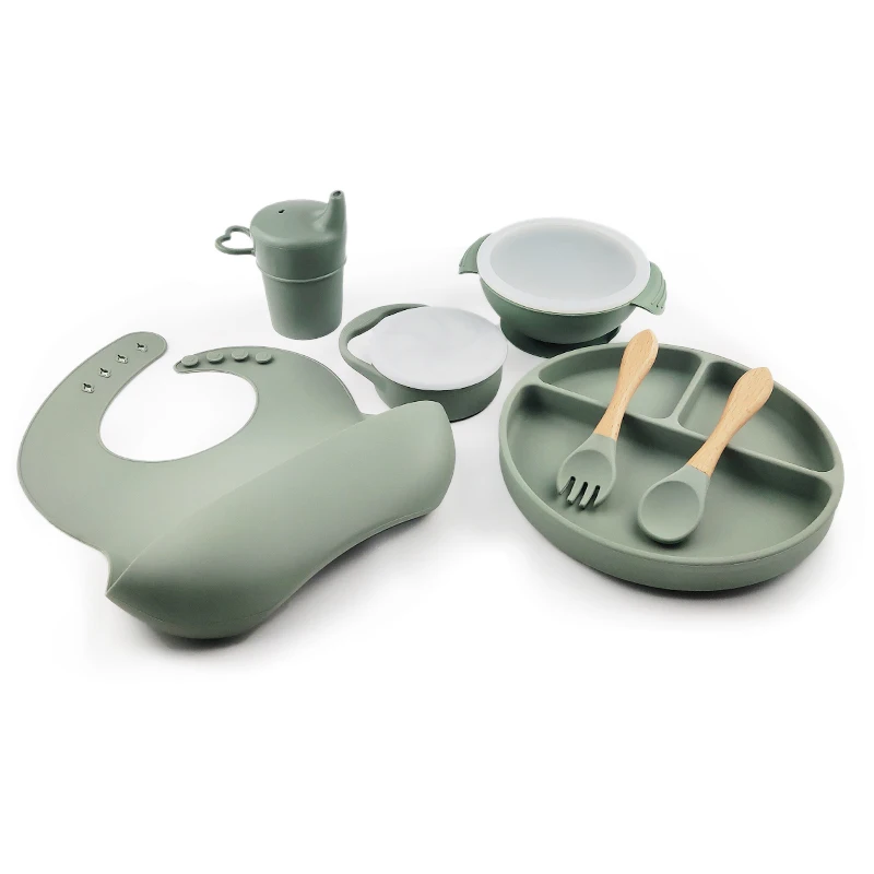 

Baby Bib Food Grade Silicone Plate Baby Bowl Spoon Fork Silicone Baby Feeding Set, 10 colors/customize colors