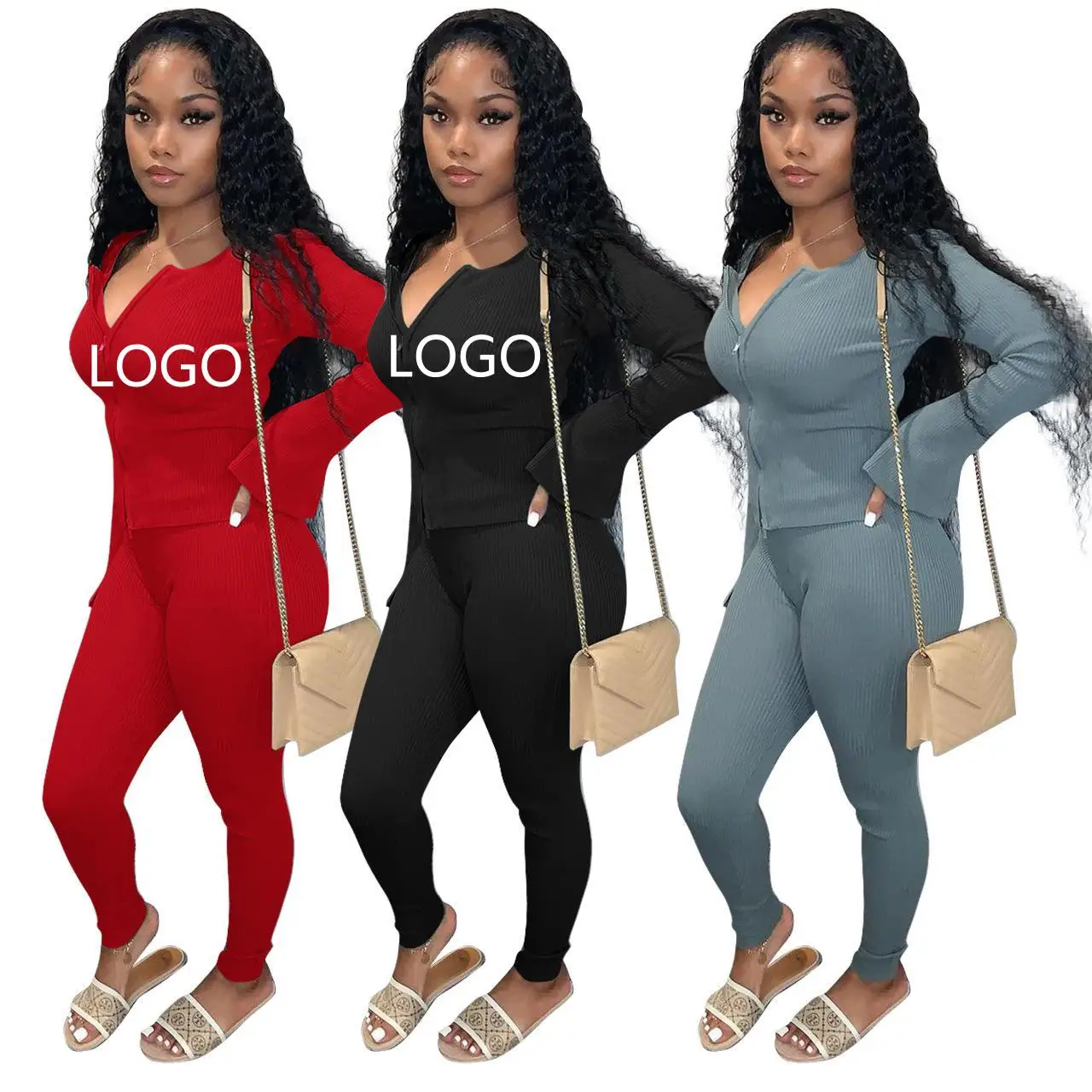 

Wholesale Fall Winter Custom Ribbed Solid Color Tracksuit Zipper Cardigan Slim Fit Two Piece Pants Set Women, Shown