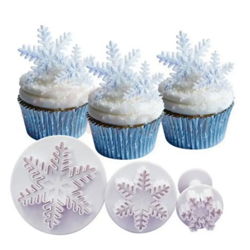 

3Pcs Snowflake Pattern Plunger Decoration Cake Cutter Embosser And Fondant Cookie Stamp Mold For SugarCraft, White
