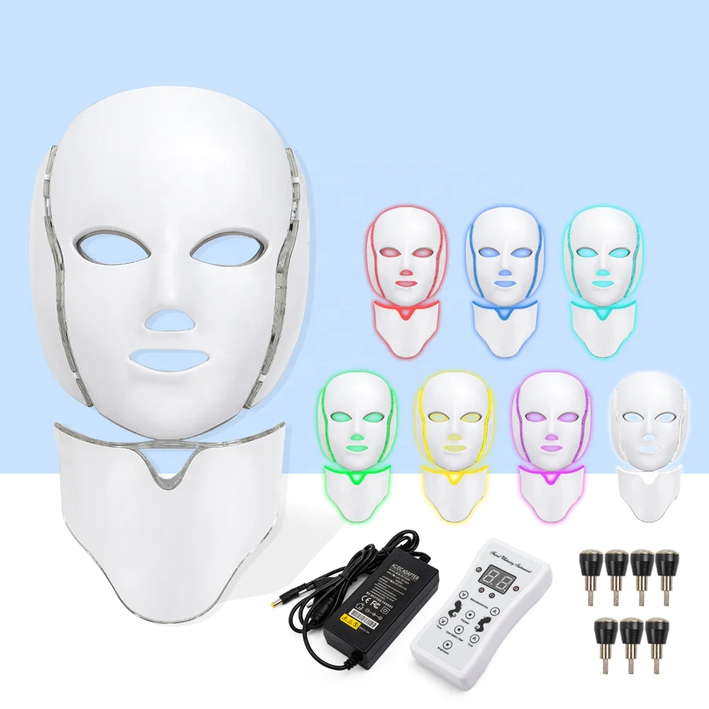 

7 Colors LED Facial Mask Led Korean Photon Therapy Light Face Machine Acne Neck Beauty Tool Led Face Mask Therapy, White, gold and pink