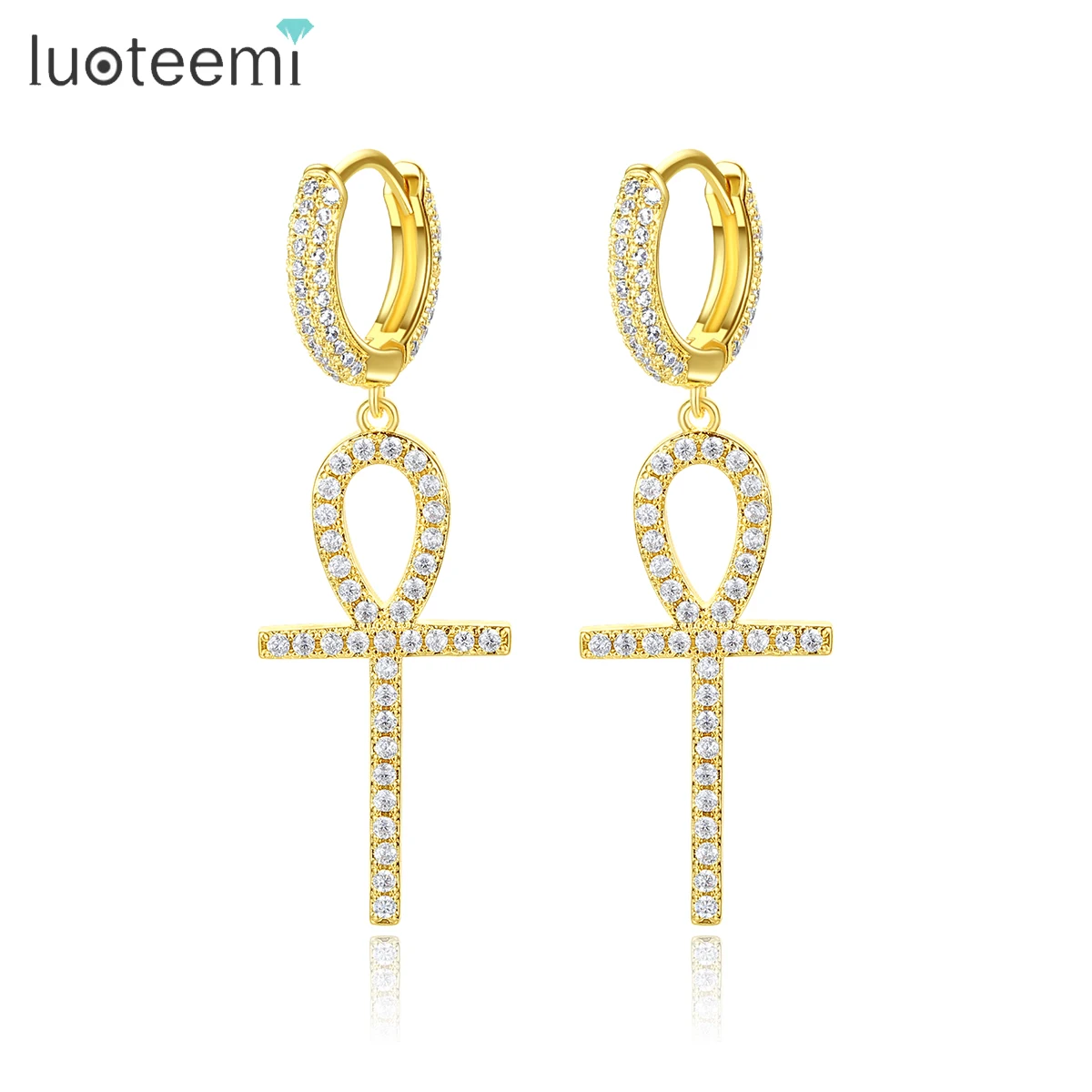 

LUOTEEMI Micro Inset AAA Cubic Zirconia CZ Fashion 18K Real Gold Clip on Earrings Ankh Cross Hoop Earrings Men Hips Hops Jewelry