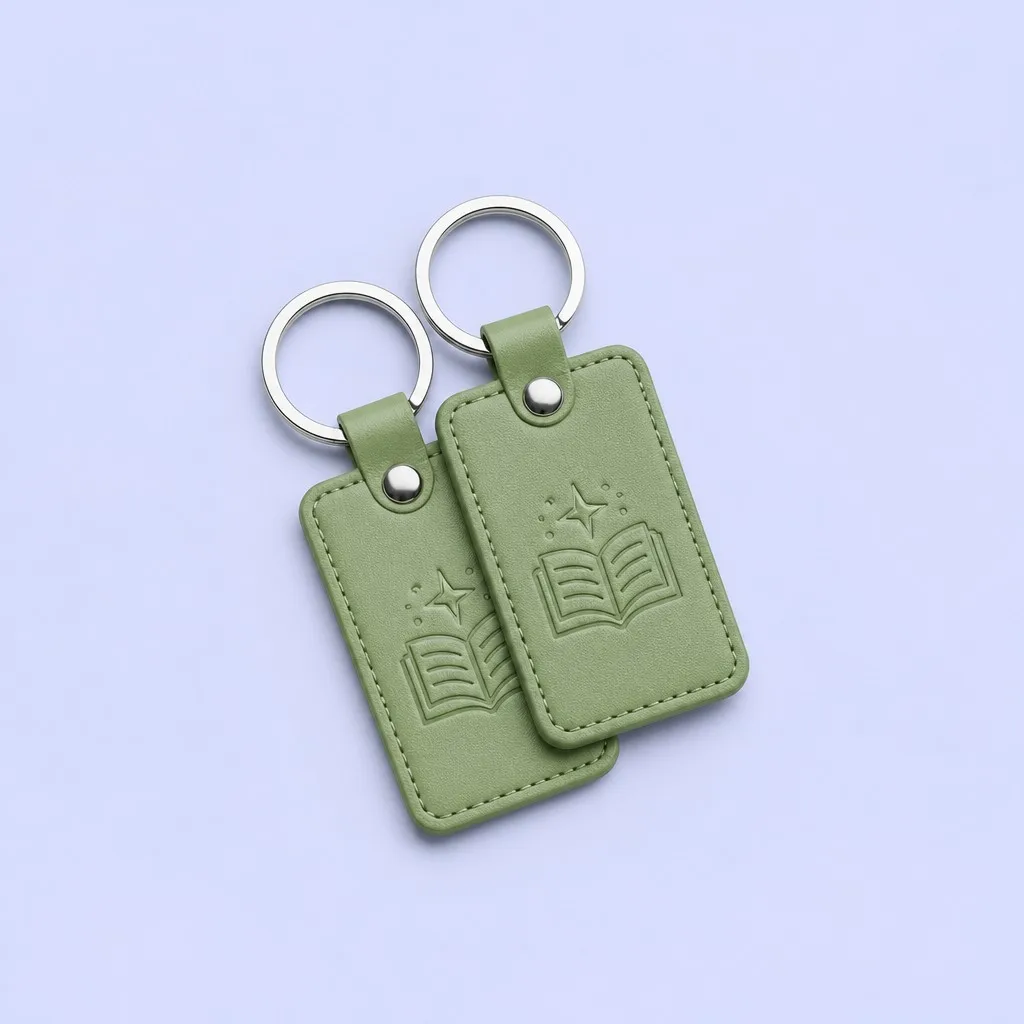 Two olive green leather keychains arranged together