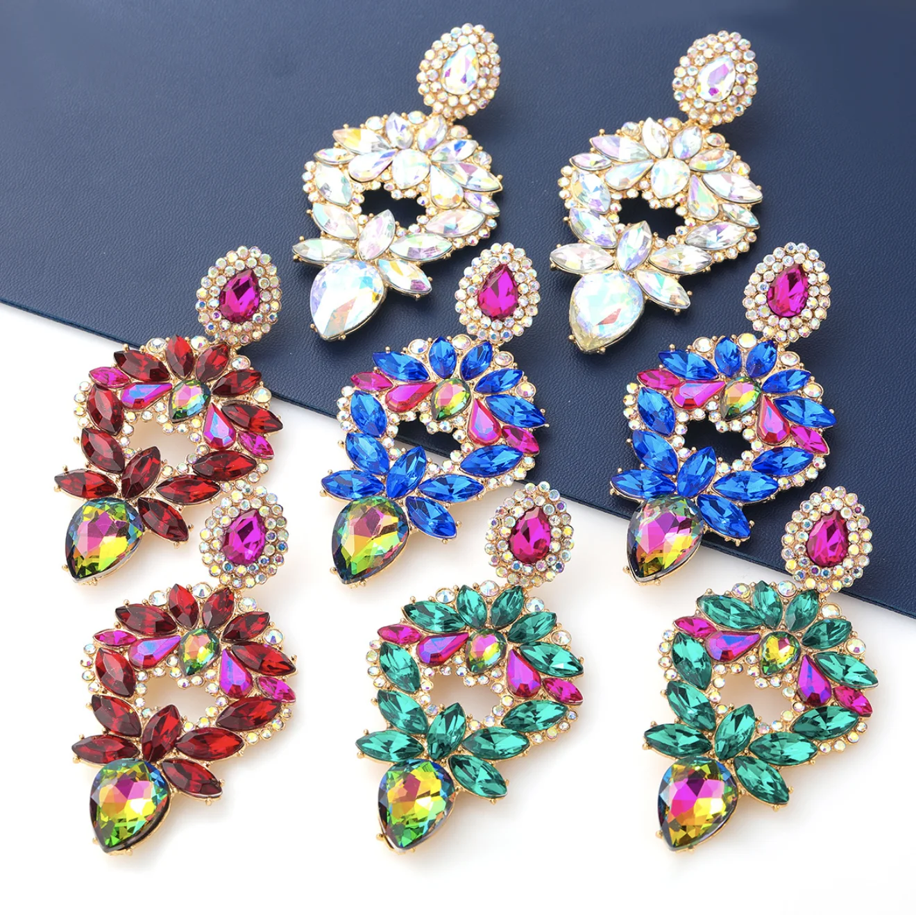 

European American tide exaggerated alloy diamond glass earrings diamond flower earrings female restore ancient earrings