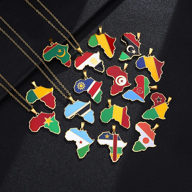 

18k real gold plated link chain Rwanda Egypt Uganda trending large statement enamel Africa map stainless steel necklace jewelry