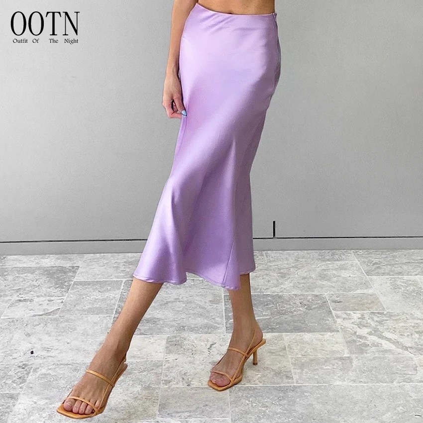 

OOTN Midi Spring New 2022 Elegant Ladies Office Skirts Women High Waisted Summer Long Skirt Solid Purple Satin Silk Skirt