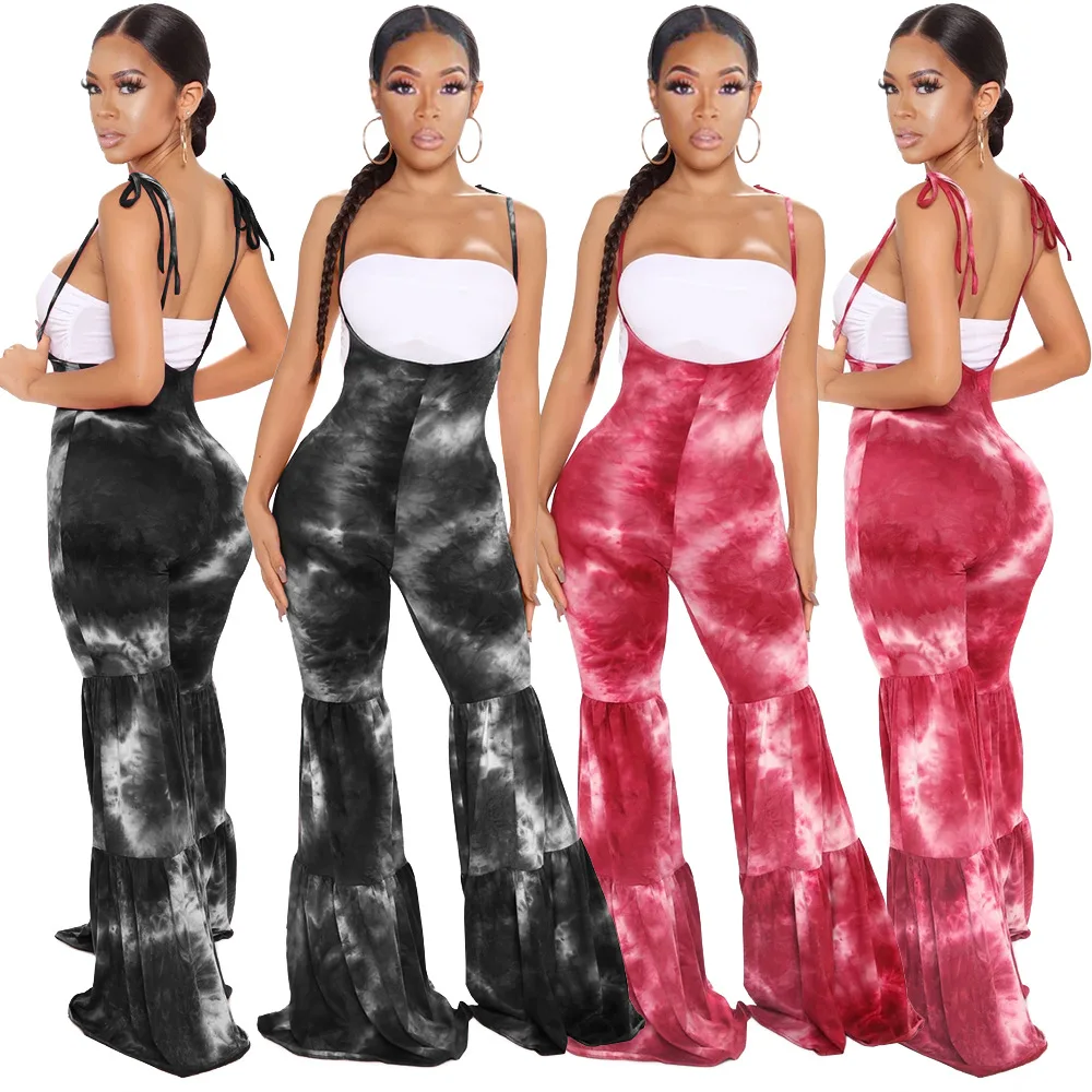 

wholesale female nightclub flare pants Fashion tie dye big horn Bib pant women clothing