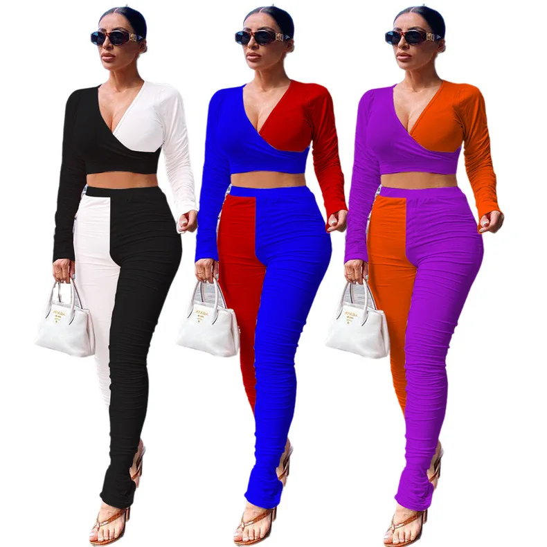 

2021 New Arrivals Women Deep V-Neck Long Sleeve Crop Long Pants 2 Pieces Set Color Patchwork Pleated Stacked Outfits Tracksuit, Picture show